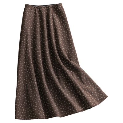 高腰松紧腰印花毛呢A字半身裙女