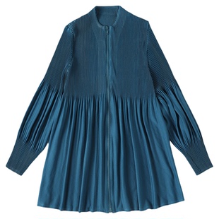 秋季外套2025新款女立领竖纹宽松灯笼袖长袖褶皱法式拉链开衫上衣