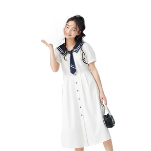 紫涵学院风海军领连衣裙女夏季新款日系休闲短袖宽松收腰中长裙子