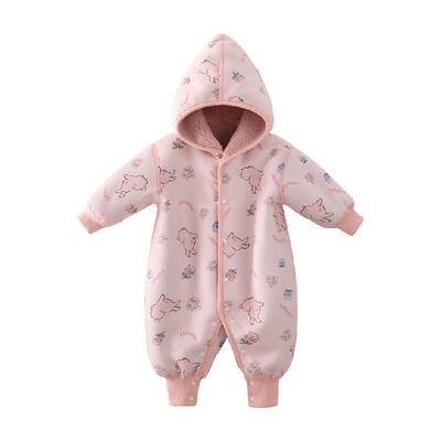 婴蓓依冬季加绒连帽婴儿连体衣
