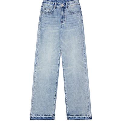 SALT.P可颜浅蓝色烫钻牛仔裤女直筒阔腿裤