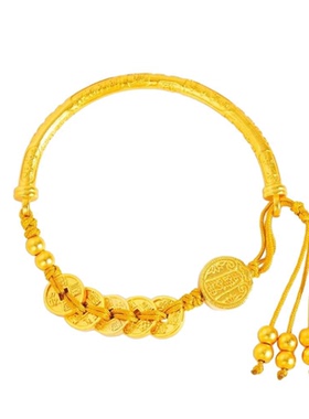 金店同款沙金五帝钱币五路财神半镯编绳手工手链女手镯首饰品礼物