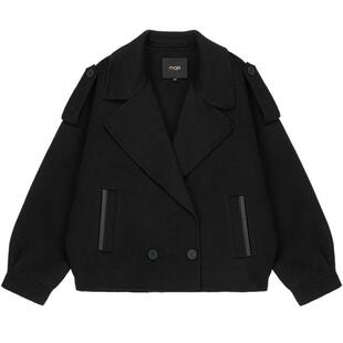 Maje春夏女装时尚休闲羊毛混纺黑色落肩茧型宽松版短款毛呢外套