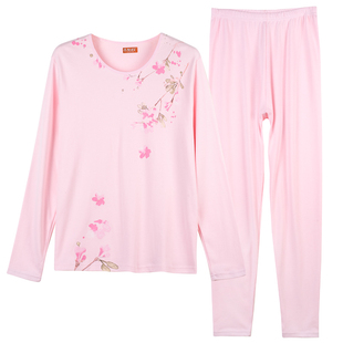 贴心女士秋衣秋裤纯棉印花妈妈棉毛衫中老年加肥大码保暖内衣套装