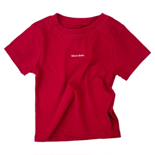 claragirls女童新年红色短袖T恤2026早儿童运动修身圆领打底上衣