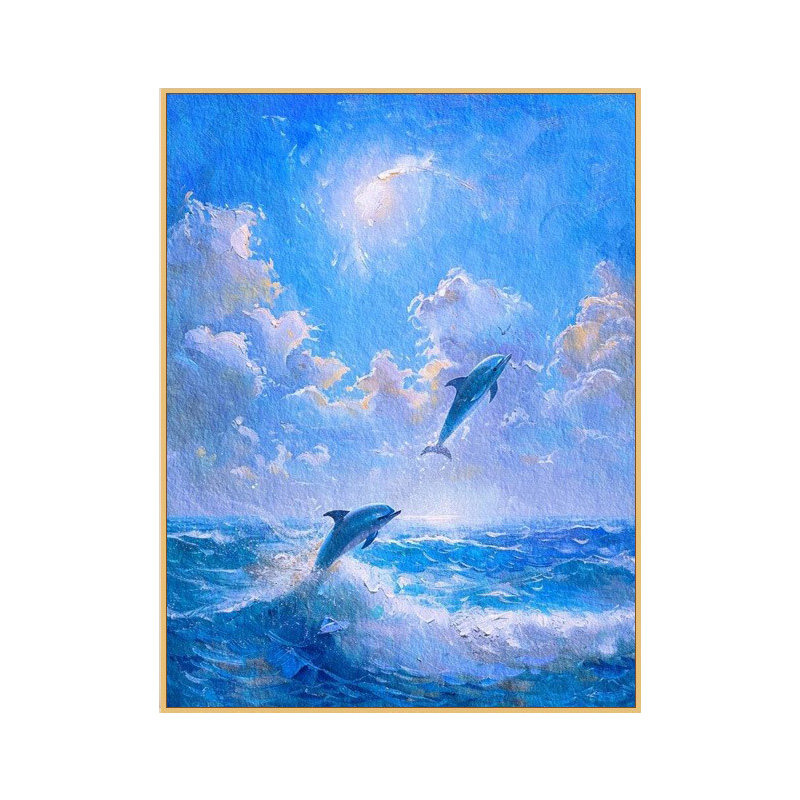 活跃海豚数字油画diy填涂色手工绘治愈系大海成人解压油彩装饰画