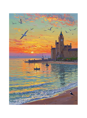 夕阳下海鸥钟楼数字油画diy手绘