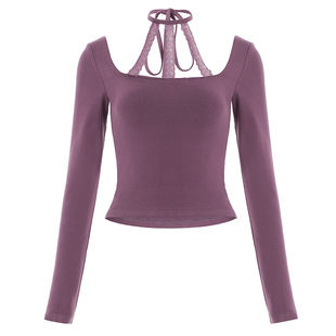 ROCKMORE【韵味佳人】挂脖露肩设计紫色长袖T恤 辣妹修身性感上衣