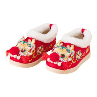 汉服女童冬季新年虎头鞋儿童古风绣花布鞋宝宝过年红色喜庆棉鞋