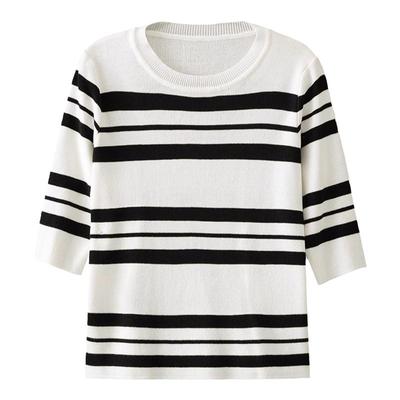 薄款条纹针织衫女半袖秋季女装2025新款打底衫小个子短款中袖上衣