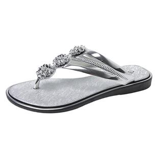 外贸人字拖女士外穿拖鞋夏季平底三朵花带钻银色夹板鞋沙滩凉鞋
