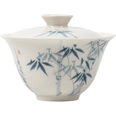 寻心手绘蓝竹二才盖碗