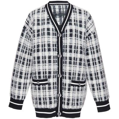 OBEG欧碧倩简洁撞色毛织开衫通勤V领格纹外套10424173