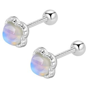 养耳洞999纯银月光石耳钉女防掉螺丝拧扣四叶草高级气质耳环耳饰