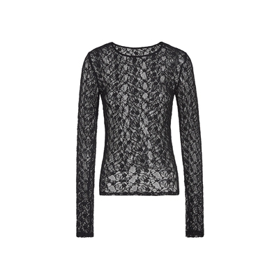 FIVE PLUS重工蕾丝T恤女内搭打底薄款上衣长袖气质圆领打底衫镂空
