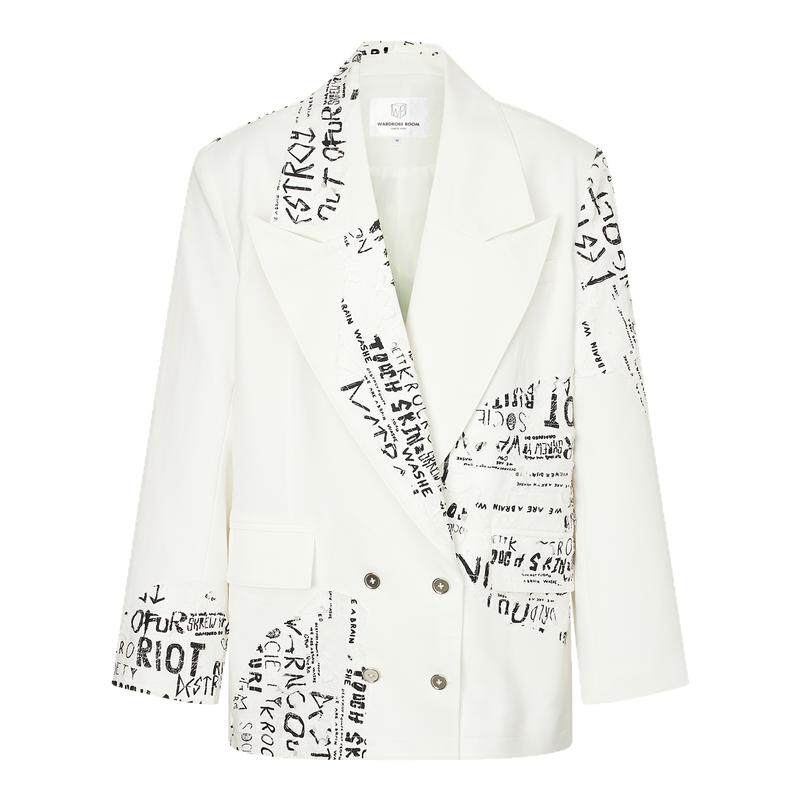 Wardrobe Boom新品秋季白色涂鸦撞色西装外套宽松阔腿西裤男女款