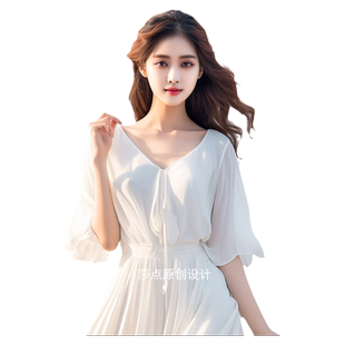 夏季新款白色连衣裙雪纺长裙遮肉显瘦大摆裙到脚踝度假长裙沙滩裙