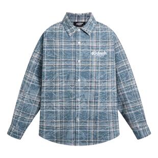 404MOB仿扎染复古格子长袖衬衫男洗水蓝刺绣做旧美式宽松百搭衬衣