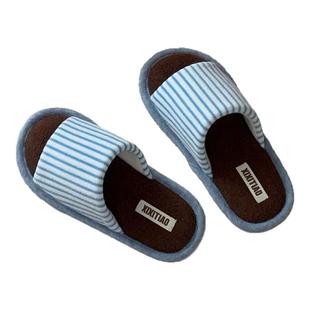 细细条 复古撞色条纹地板鞋秋冬男女日系棉麻居家一字棉拖鞋情侣