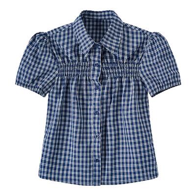 复古设计感蓝格短袖衬衫