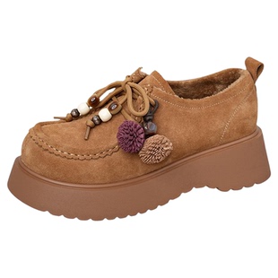 索菲娅2025新款冬季系带加绒保暖增高复古厚底乐福鞋单鞋袋鼠鞋女