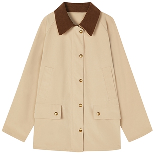 LANCY/朗姿2025年秋季新款复古撞色polo领休闲短款风衣外套女