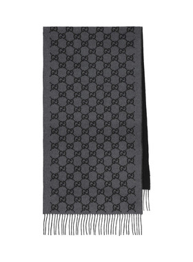 GUCCI 古驰男士灰色老花羊绒混纺流苏围巾 26早春新款 意大利代购