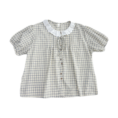 夏日甜美花边格子衬衫百搭上衣