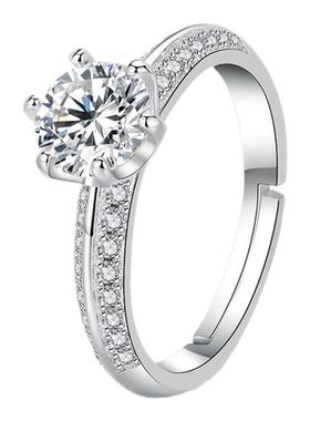 s925纯银戒指女一克拉仿莫桑石六爪钻戒时尚小众设计感高级食指戒