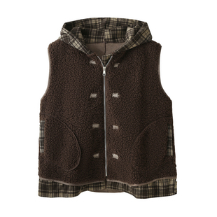 美拉德羊羔毛拼接格纹连帽马甲外套女秋冬假两件皮毛一体保暖坎肩