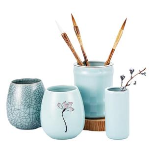 六品堂毛笔笔筒复古中国风陶瓷多功能笔筒学生桌面创意文具收纳盒可爱简约大容量圆形笔桶文房四宝书法用品