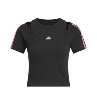 阿迪达斯三条纹舞动系列短款双领口修身上衣26春女短袖T恤 KS2890