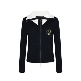 郁香菲海军领撞色针织衫女气质通勤春季时尚修身双拉链开衫上衣