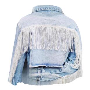 美国代购Denim手作个性浅色水洗下摆流苏女士短款牛仔夹克外套