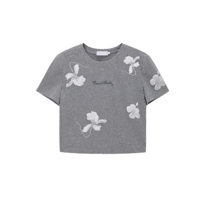 REVAN芮范设计师款花朵印花水泥灰针织T恤RL31001099