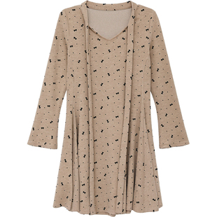 DM100大码百分百女装微胖mm冬季长短款V领系带蝴蝶结波点连衣裙