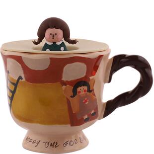 带盖勺马克杯复古高脚陶瓷杯女生咖啡水杯送闺蜜生日伴手礼物杯子