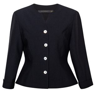 罗衣时尚V领黑色修身短外套女春季知性通勤七分袖薄款上衣11894