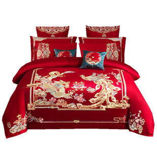 结婚全棉长绒棉四件套纯棉龙凤刺绣婚庆陪嫁新婚房用品送大红被芯