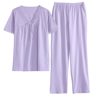 芬腾可安夏季短袖蕾丝套装莫代尔棉睡衣女士带胸垫甜美薄款家居服