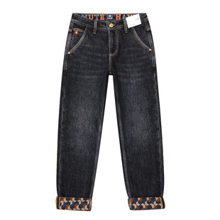 加绒牛仔裤男款保暖抓绒潮流印花弹力修身小脚磨毛九分裤冬季厚款