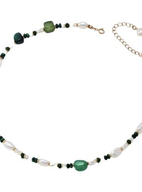 新中式轻奢小众天然孔雀石珍珠项链清新气质手链高级感串珠锁骨链