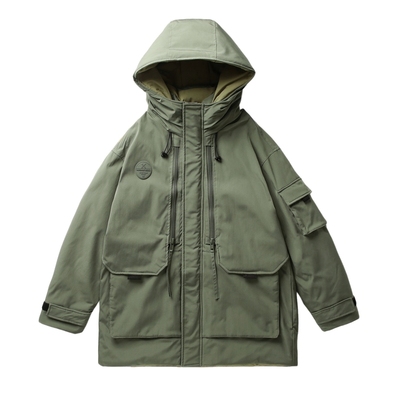 美式连帽中长款工装羽绒服