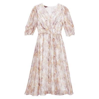 YINER音儿专选女装夏季法式优雅V领收腰印花短袖围裹式连衣裙