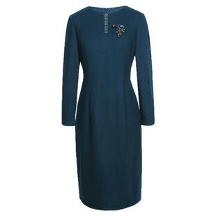 JAN AN NO简爱诺秋冬款优雅湖蓝色绵羊毛针织通勤连衣裙J960123LQ