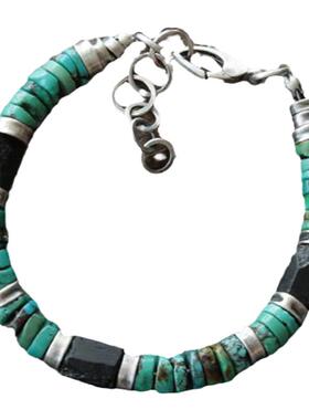 男纯银天然绿松石黑色电气石手链