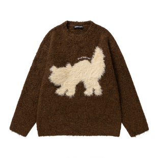 HTTAOSUP美式复古毛绒小猫圆领针织衫男潮牌慵懒情侣休闲套头毛衣