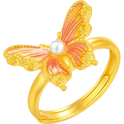 潮宏基蝶舞黄金珍珠戒指足金戒圈古法珐琅新中式三金女生日 卟