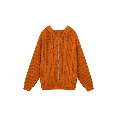 安妮不火 慵懒感绞花编织软糯连帽毛衣女冬微胖大码宽松毛织外套