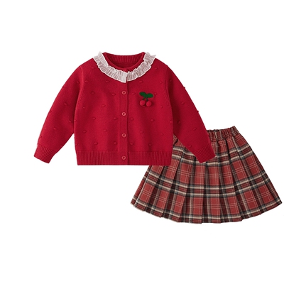 [保暖锁温]女童套装毛衣裙子针织开衫两件套宝宝秋冬儿童红色衣服